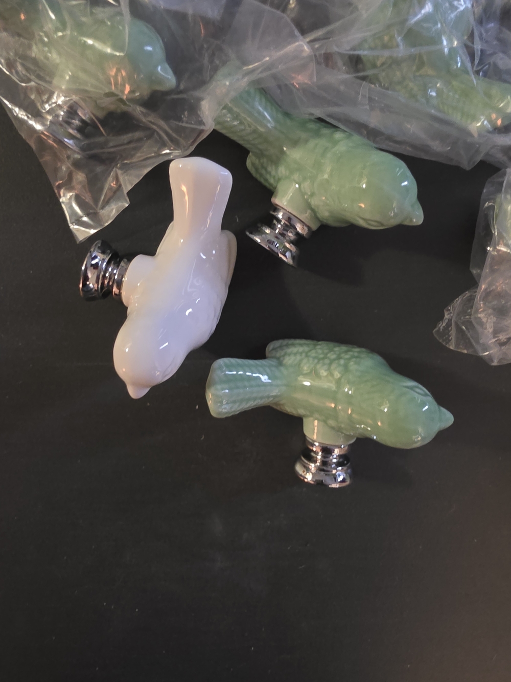 Ceramic Bird Drawer Pulls - Green and White Set